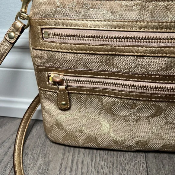 Coach Metallic Beige Signature Crossbody Bag with Floral Charm - Picture 3 of 11